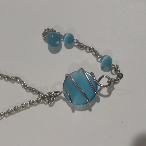 Turquoise Pendant Necklace – Twisted Silver Wire Wrap w/ Beaded Drop | Artisan - Picture 10 of 11